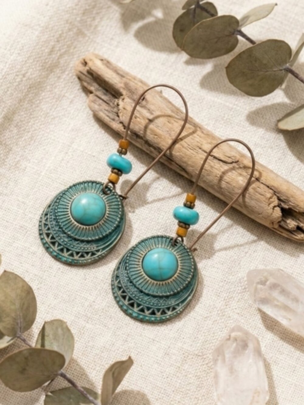 Boho Turquoise Drop Earrings Bronze Ethnic Carved Mandala Statement Dangle - Picture 12 of 12